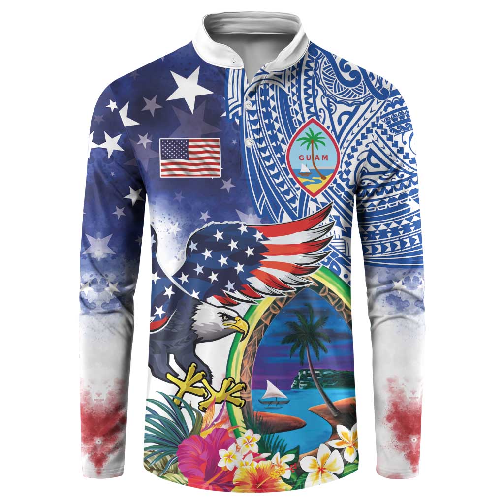 Guam and United States Together Button Sweatshirt Bald Eagle and Guam Seal with Flower and Tribal Tattoos - Wonder Print Shop