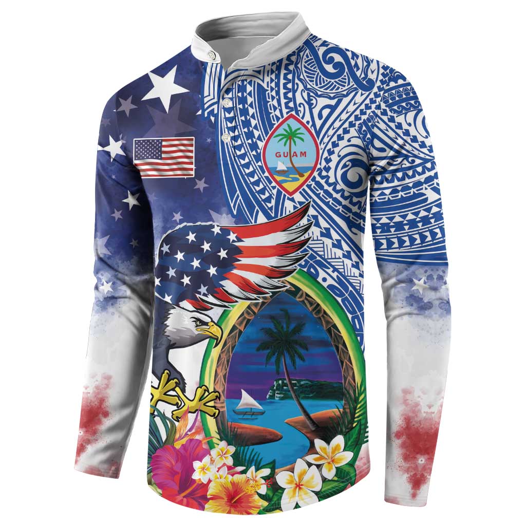 Guam and United States Together Button Sweatshirt Bald Eagle and Guam Seal with Flower and Tribal Tattoos - Wonder Print Shop