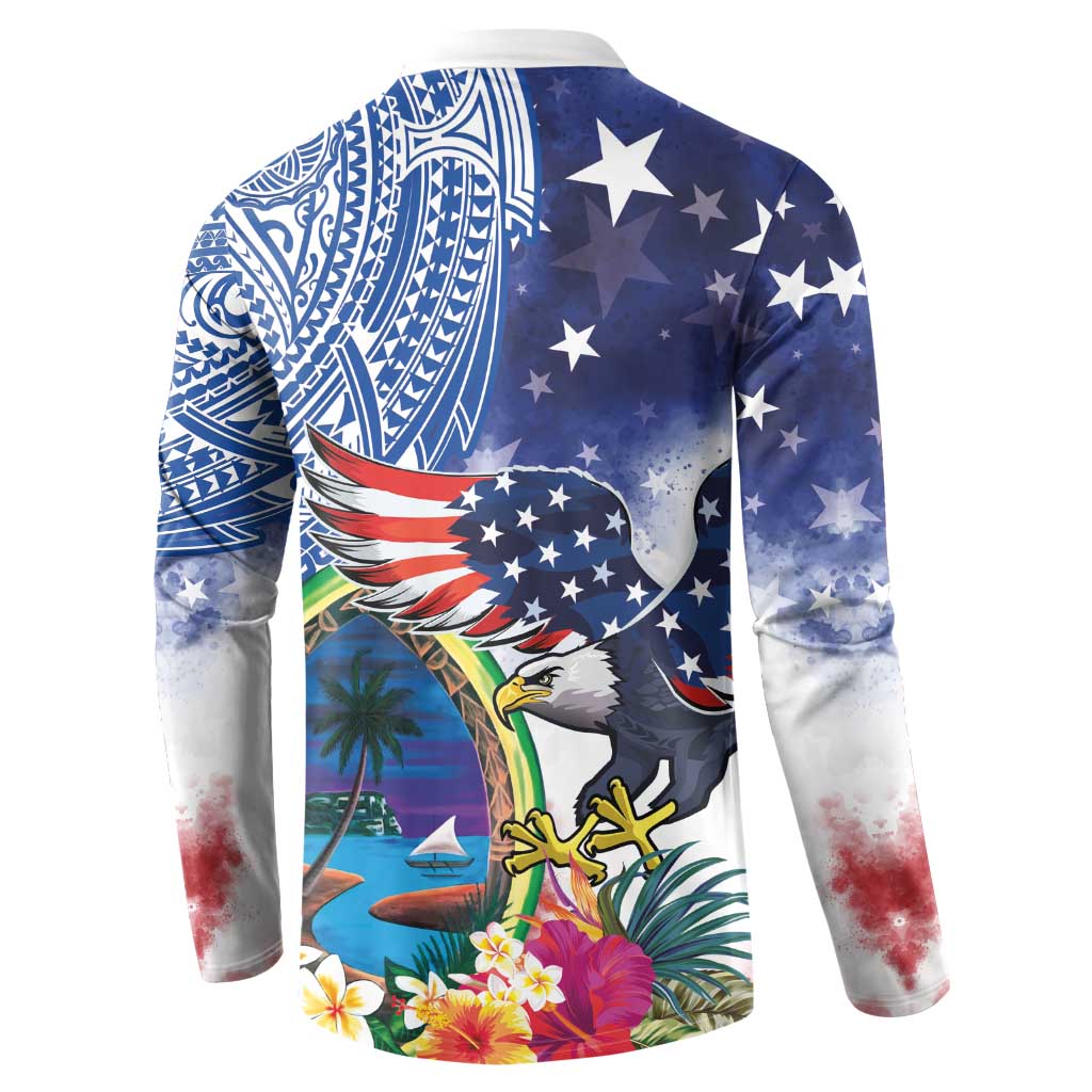 Guam and United States Together Button Sweatshirt Bald Eagle and Guam Seal with Flower and Tribal Tattoos - Wonder Print Shop