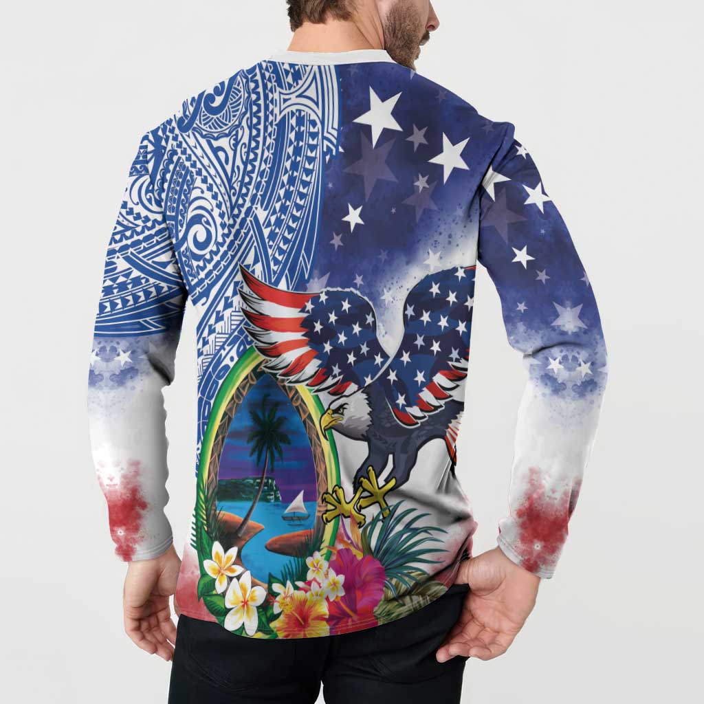Guam and United States Together Button Sweatshirt Bald Eagle and Guam Seal with Flower and Tribal Tattoos - Wonder Print Shop