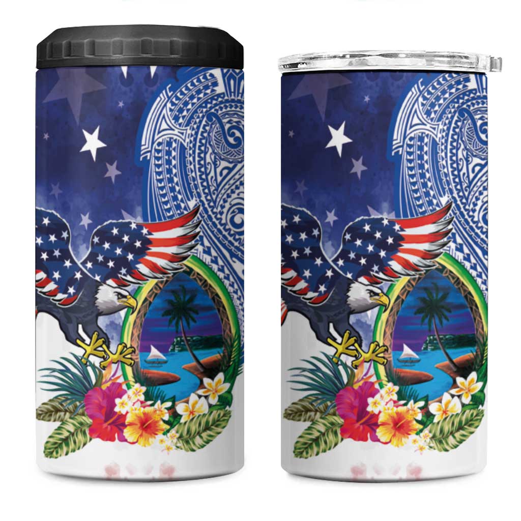 Guam and United States Together 4 in 1 Can Cooler Tumbler Bald Eagle and Guam Seal with Flower and Tribal Tattoos - Wonder Print Shop