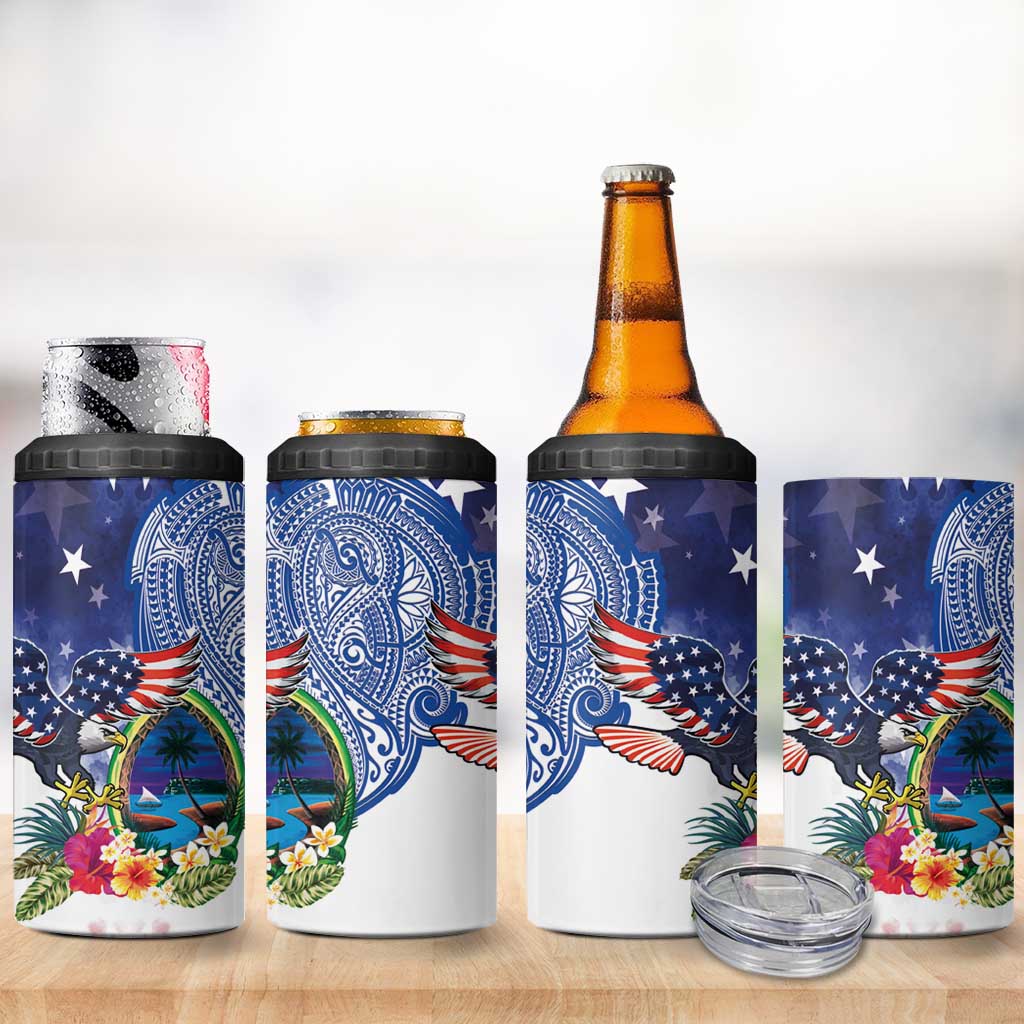 Guam and United States Together 4 in 1 Can Cooler Tumbler Bald Eagle and Guam Seal with Flower and Tribal Tattoos - Wonder Print Shop