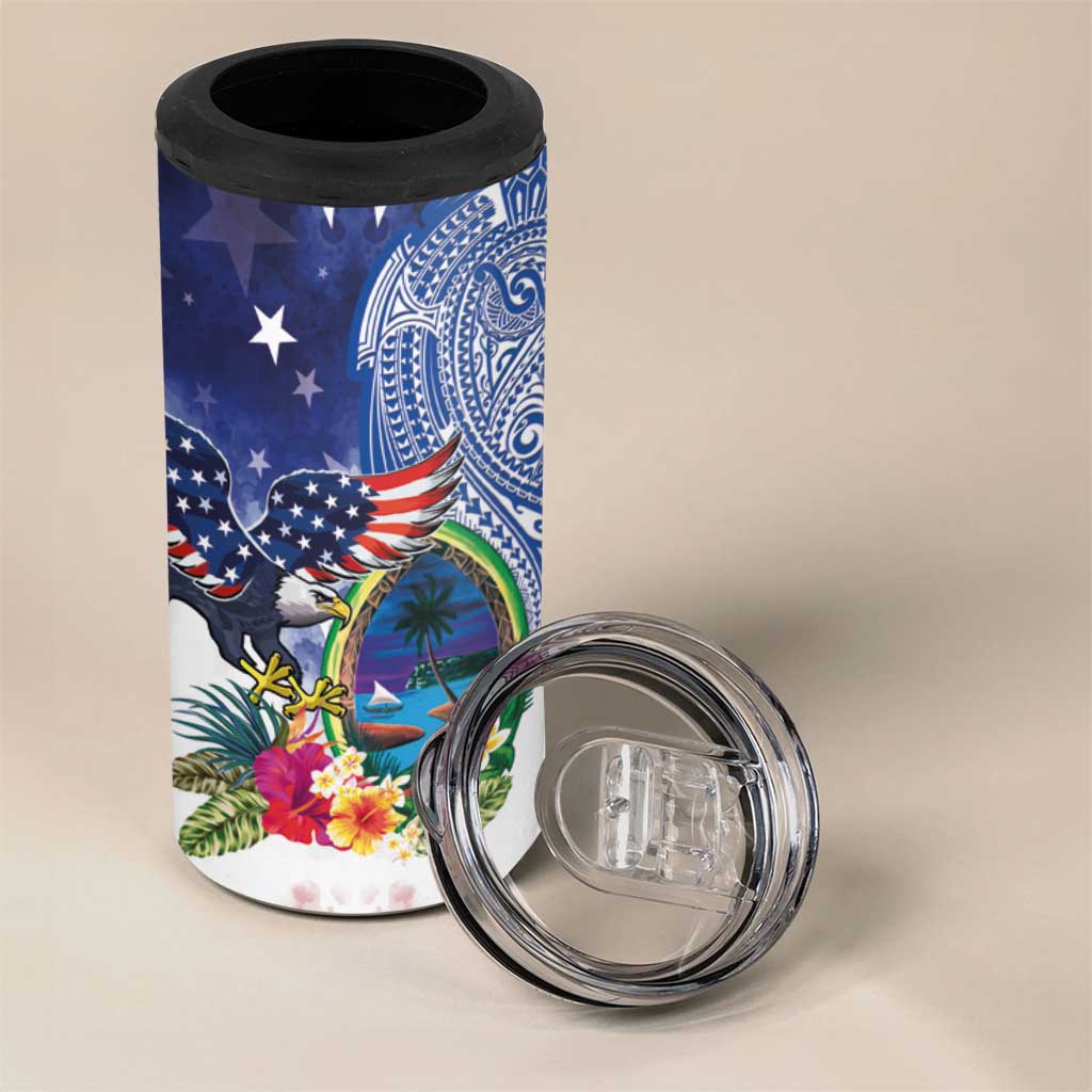 Guam and United States Together 4 in 1 Can Cooler Tumbler Bald Eagle and Guam Seal with Flower and Tribal Tattoos - Wonder Print Shop