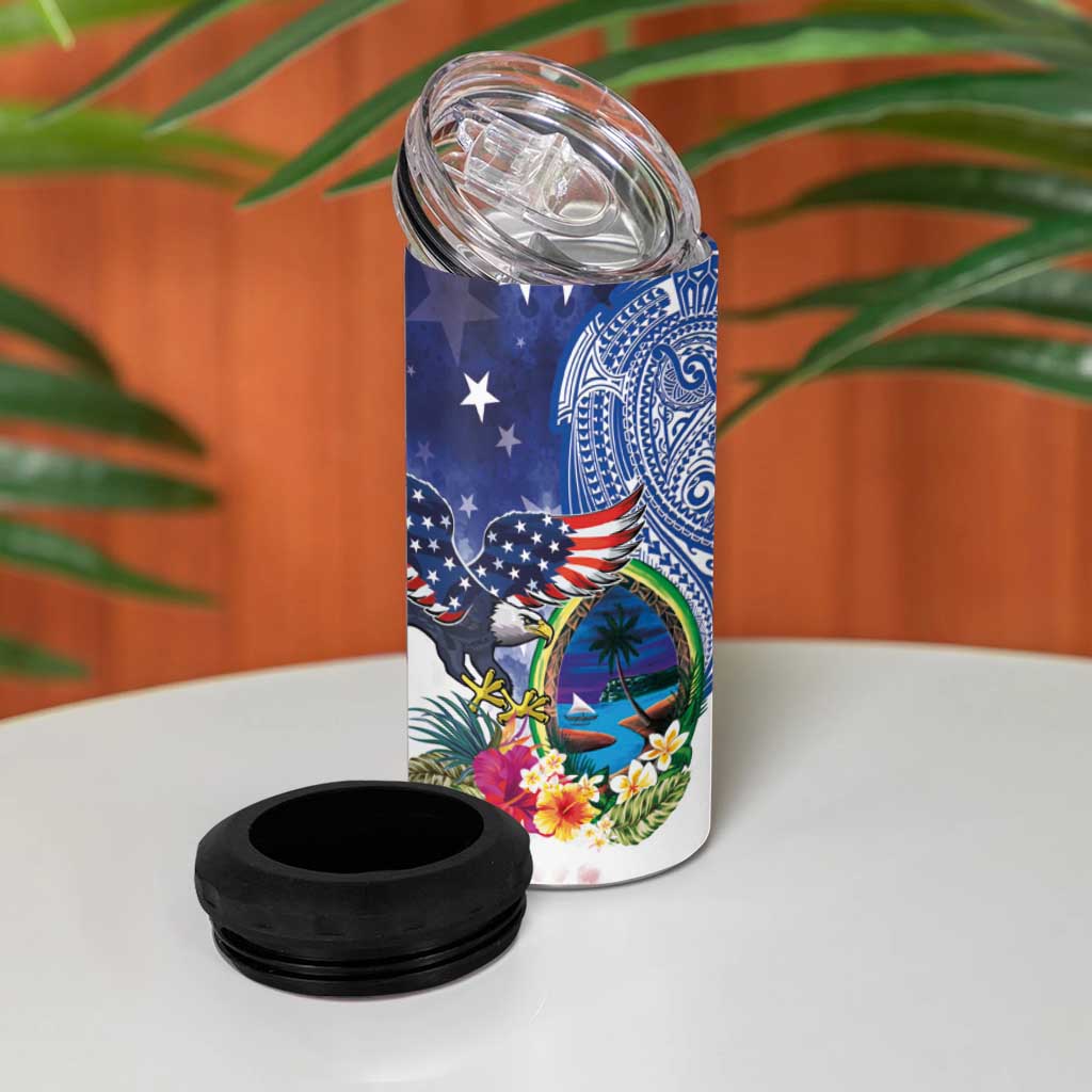 Guam and United States Together 4 in 1 Can Cooler Tumbler Bald Eagle and Guam Seal with Flower and Tribal Tattoos - Wonder Print Shop