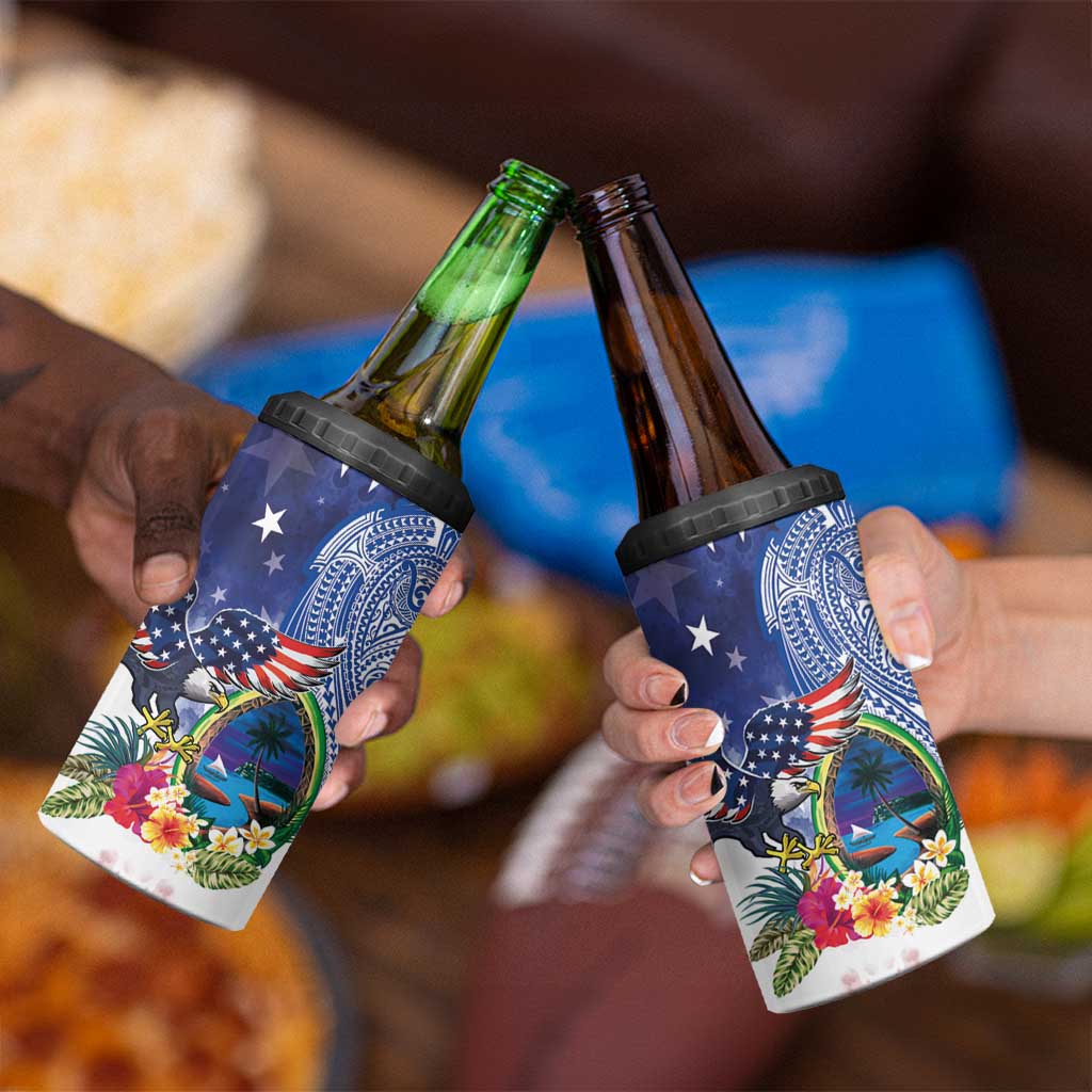 Guam and United States Together 4 in 1 Can Cooler Tumbler Bald Eagle and Guam Seal with Flower and Tribal Tattoos - Wonder Print Shop