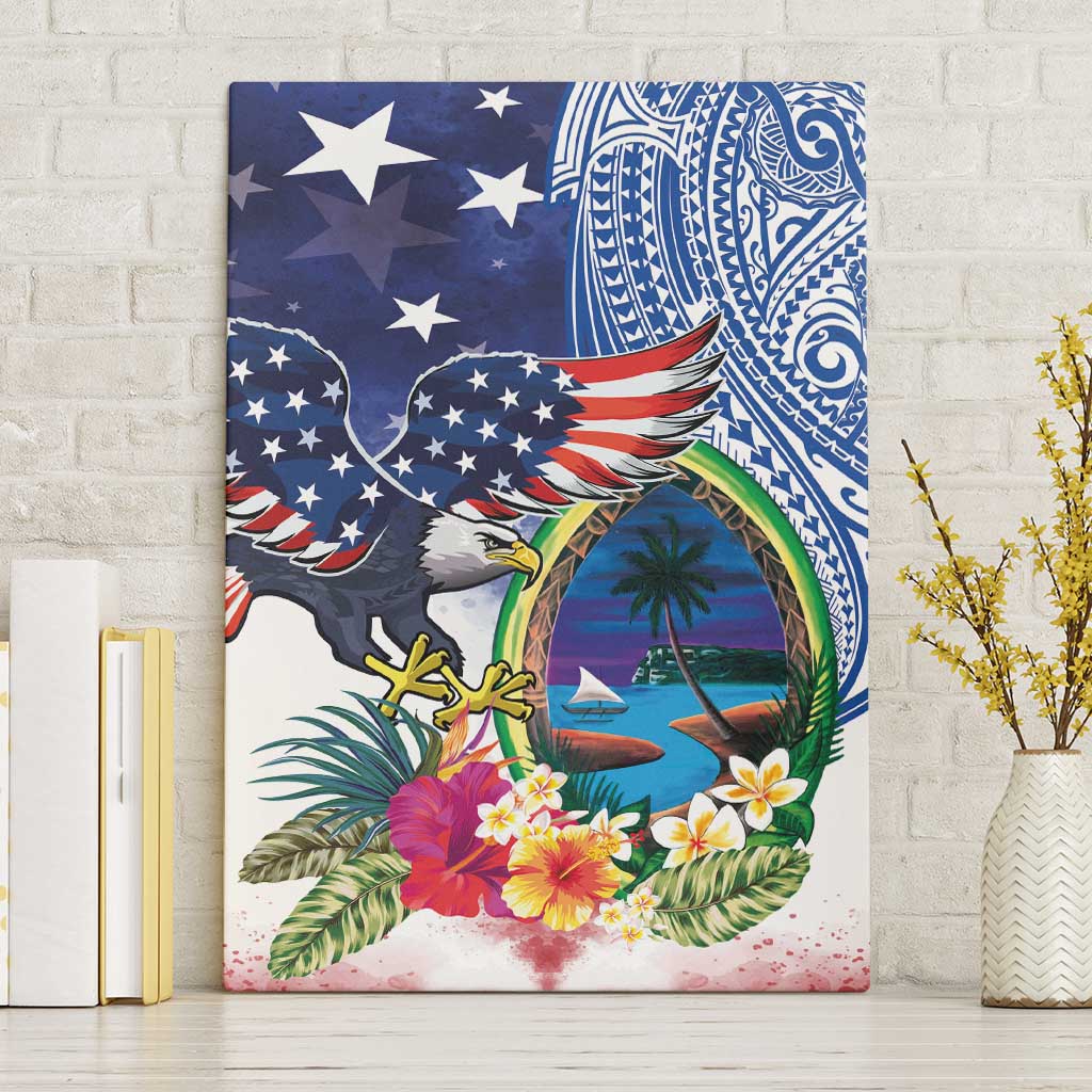 Guam and United States Together Canvas Wall Art Bald Eagle and Guam Seal with Flower and Tribal Tattoos - Wonder Print Shop