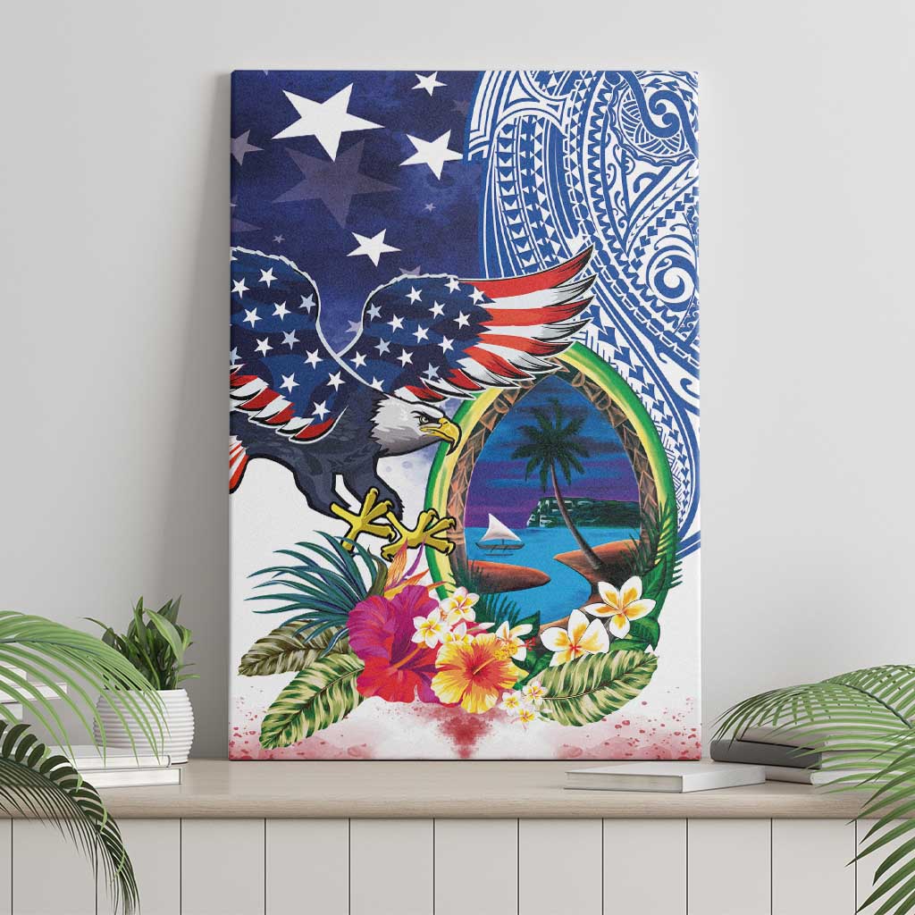 Guam and United States Together Canvas Wall Art Bald Eagle and Guam Seal with Flower and Tribal Tattoos - Wonder Print Shop