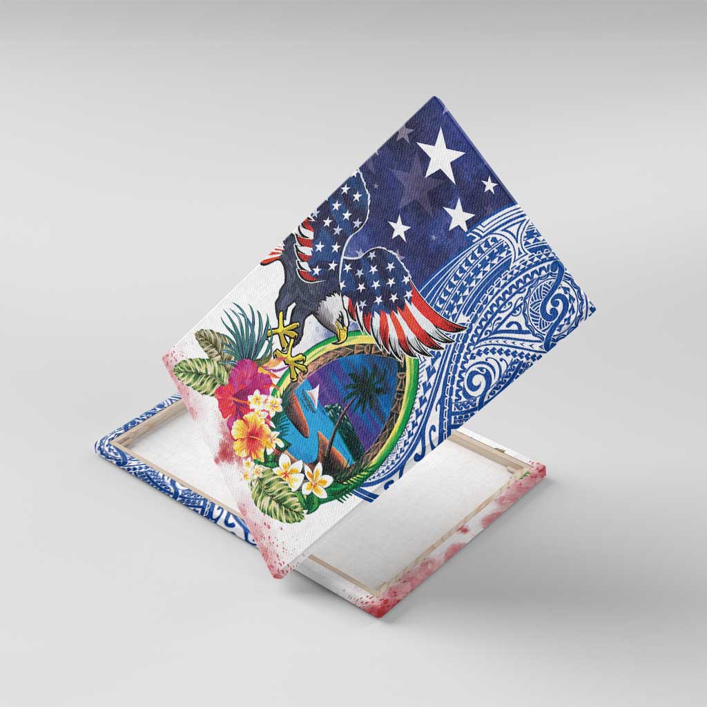 Guam and United States Together Canvas Wall Art Bald Eagle and Guam Seal with Flower and Tribal Tattoos - Wonder Print Shop