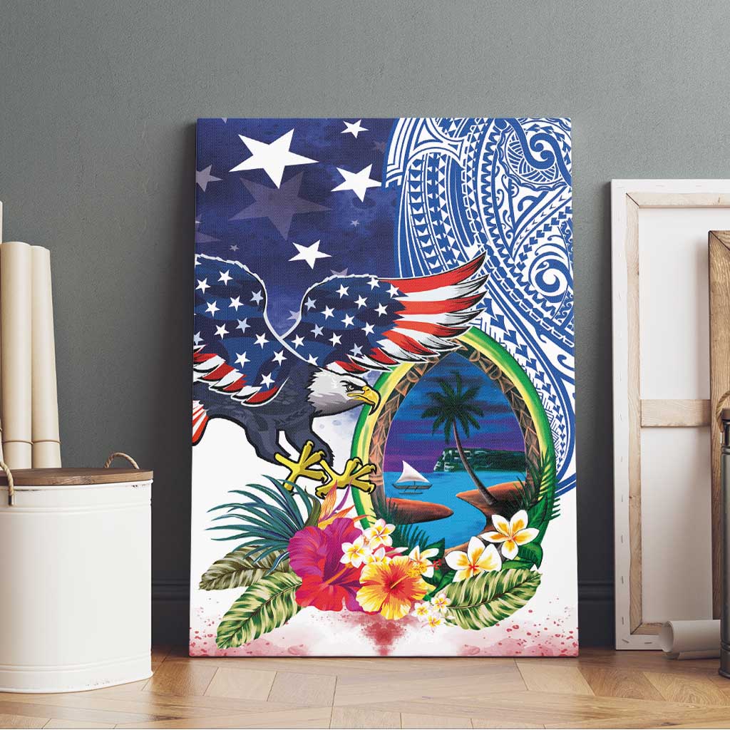 Guam and United States Together Canvas Wall Art Bald Eagle and Guam Seal with Flower and Tribal Tattoos - Wonder Print Shop