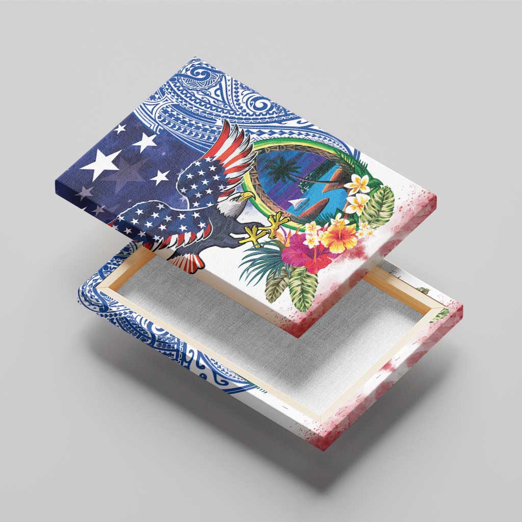 Guam and United States Together Canvas Wall Art Bald Eagle and Guam Seal with Flower and Tribal Tattoos - Wonder Print Shop