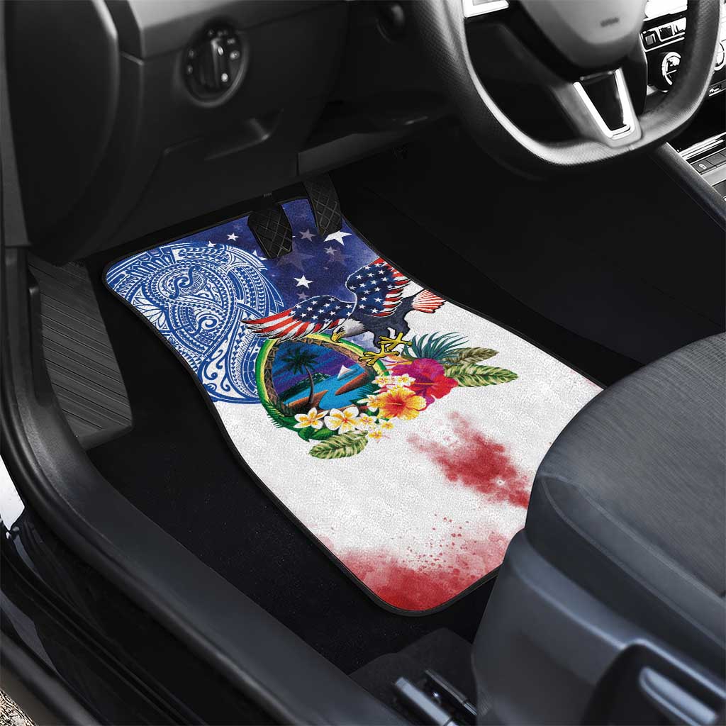 Guam and United States Together Car Mats Bald Eagle and Guam Seal with Flower and Tribal Tattoos - Wonder Print Shop