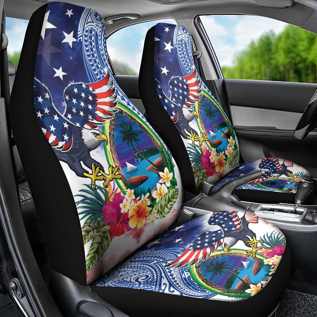 Guam and United States Together Car Seat Cover Bald Eagle and Guam Seal with Flower and Tribal Tattoos - Wonder Print Shop