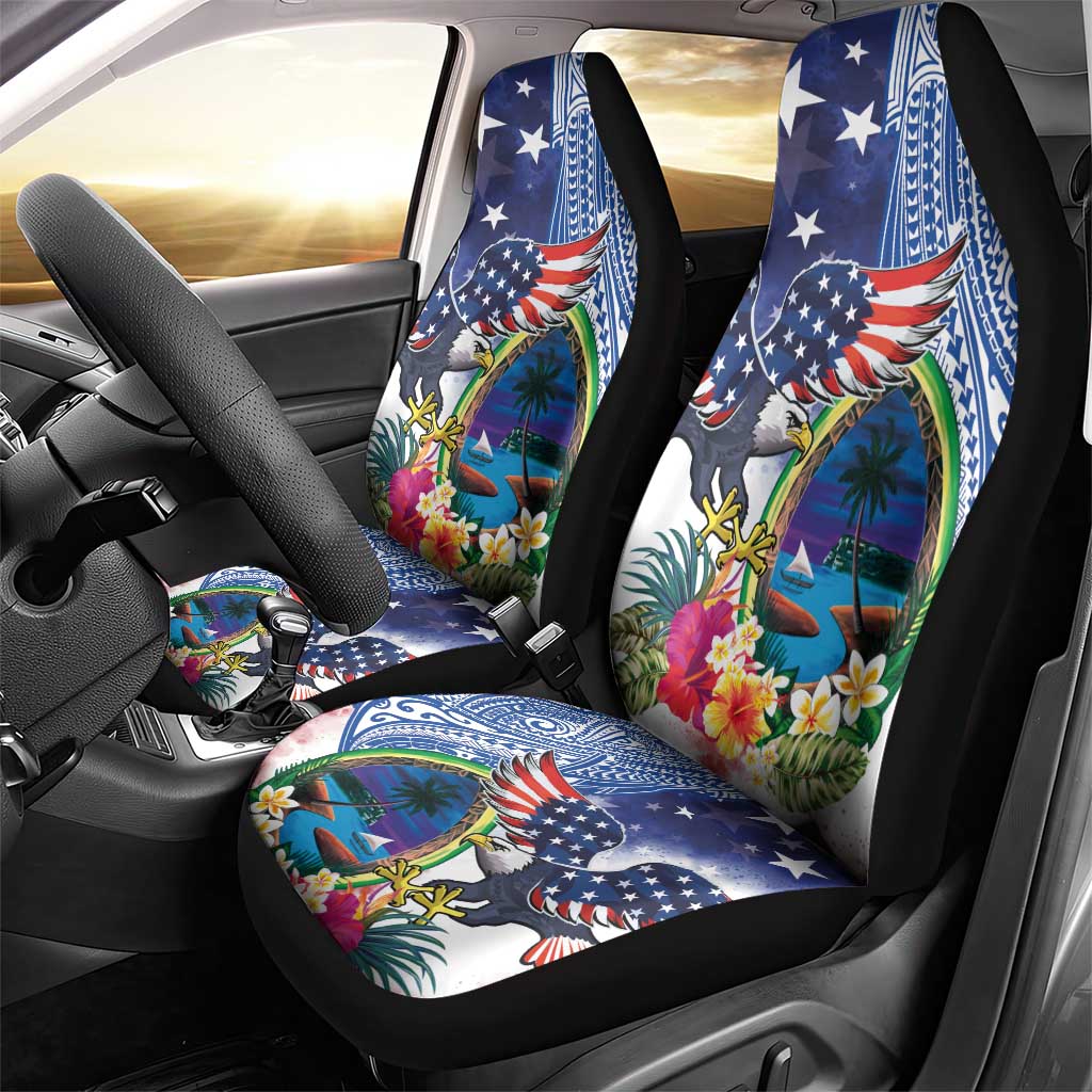 Guam and United States Together Car Seat Cover Bald Eagle and Guam Seal with Flower and Tribal Tattoos - Wonder Print Shop