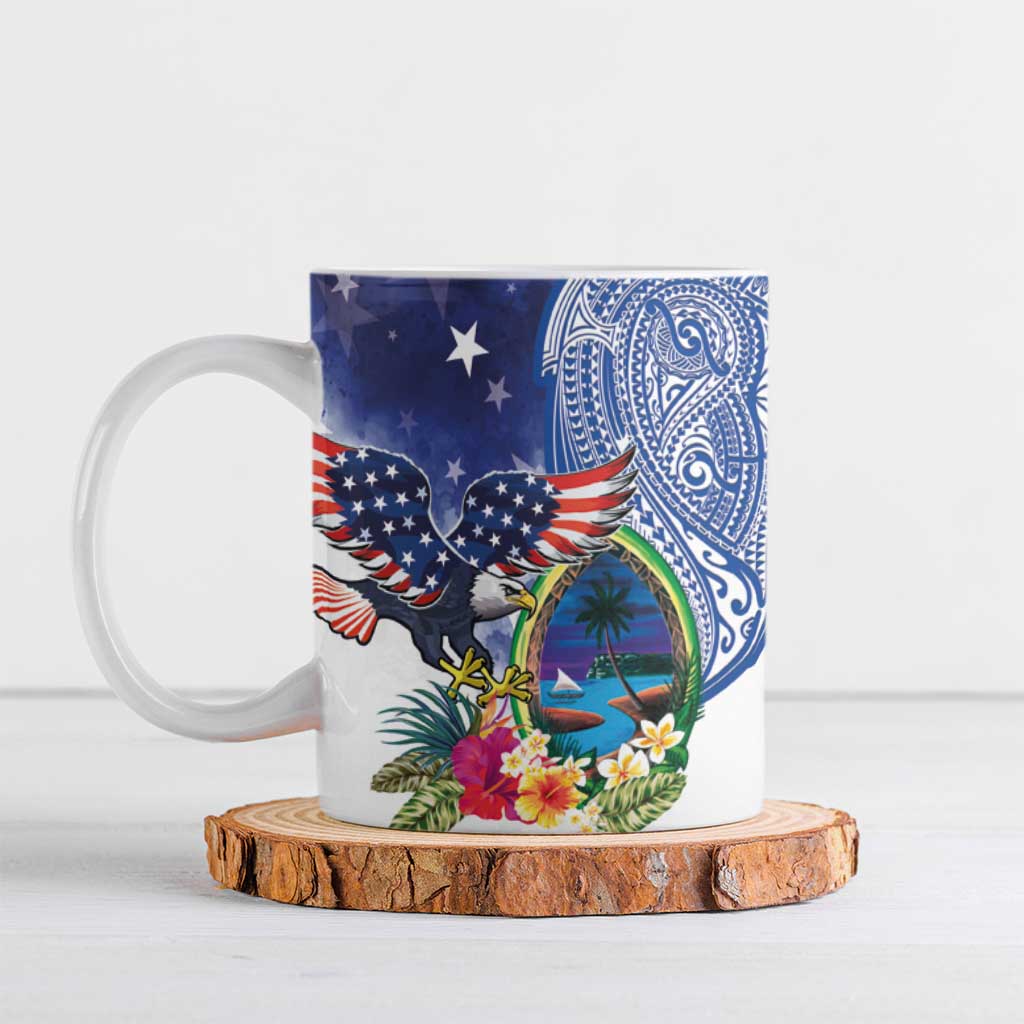Guam and United States Together Ceramic Mug Bald Eagle and Guam Seal with Flower and Tribal Tattoos - Wonder Print Shop