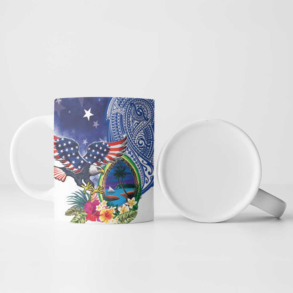 Guam and United States Together Ceramic Mug Bald Eagle and Guam Seal with Flower and Tribal Tattoos - Wonder Print Shop