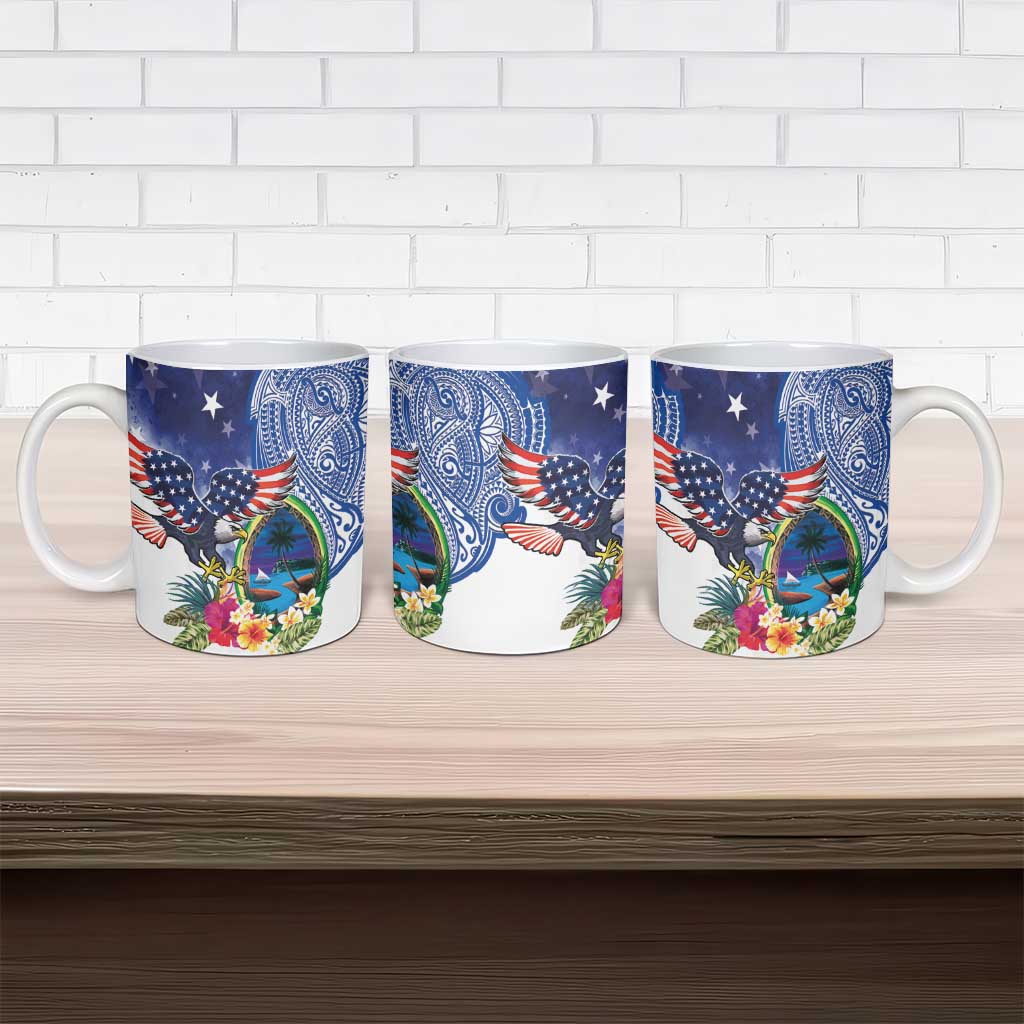Guam and United States Together Ceramic Mug Bald Eagle and Guam Seal with Flower and Tribal Tattoos - Wonder Print Shop