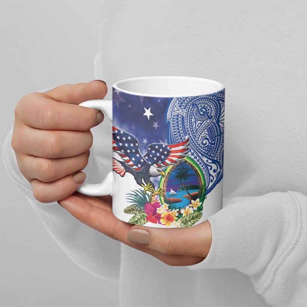 Guam and United States Together Ceramic Mug Bald Eagle and Guam Seal with Flower and Tribal Tattoos - Wonder Print Shop