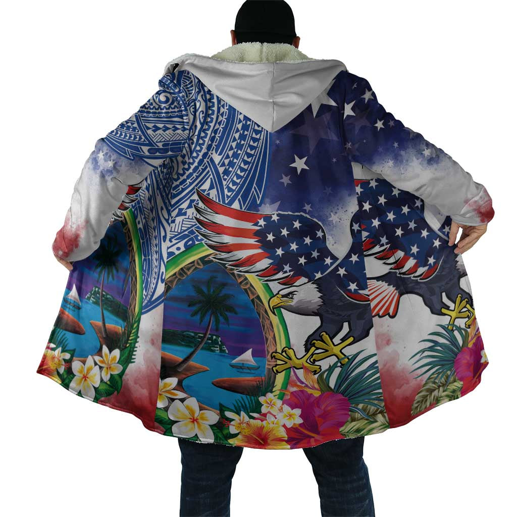 Guam and United States Together Cloak Bald Eagle and Guam Seal with Flower and Tribal Tattoos - Wonder Print Shop