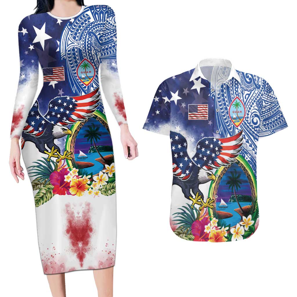 Guam and United States Together Couples Matching Long Sleeve Bodycon Dress and Hawaiian Shirt Bald Eagle and Guam Seal with Flower and Tribal Tattoos - Wonder Print Shop