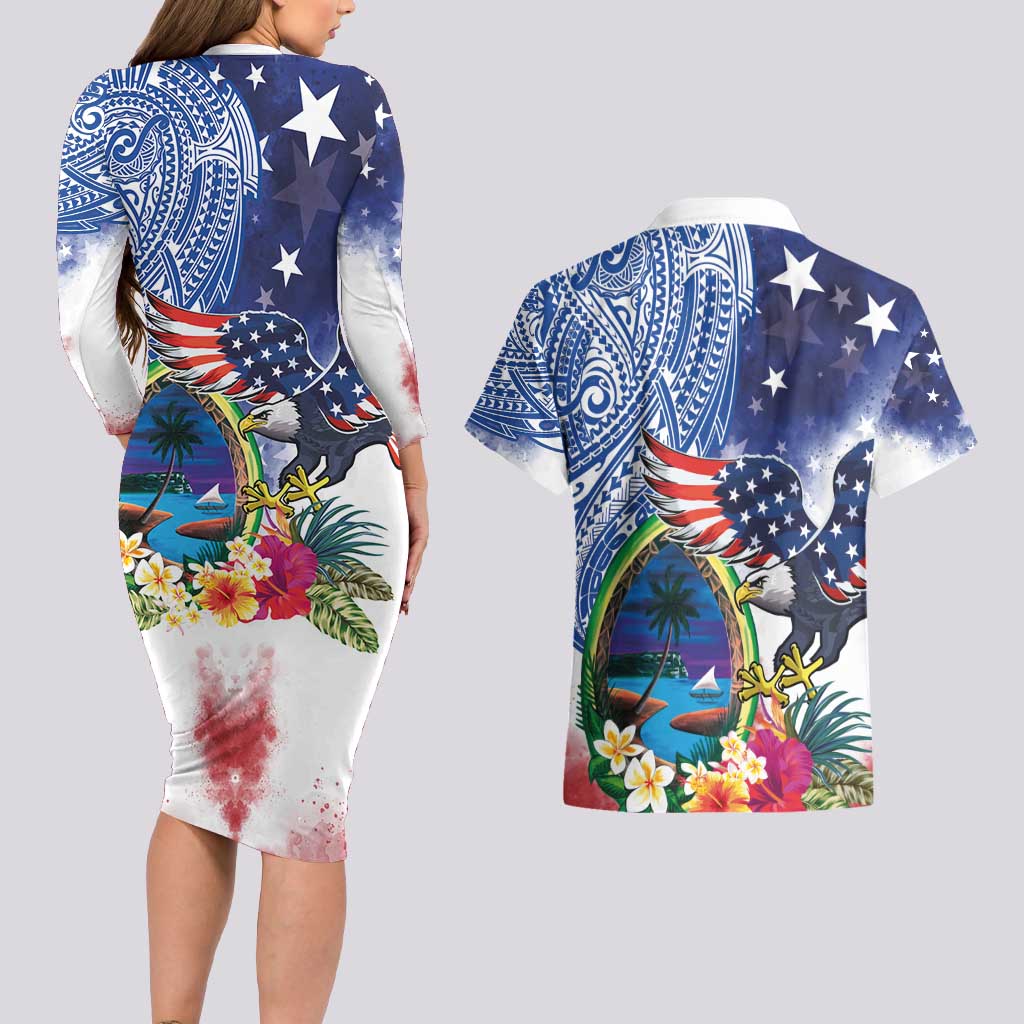 Guam and United States Together Couples Matching Long Sleeve Bodycon Dress and Hawaiian Shirt Bald Eagle and Guam Seal with Flower and Tribal Tattoos - Wonder Print Shop