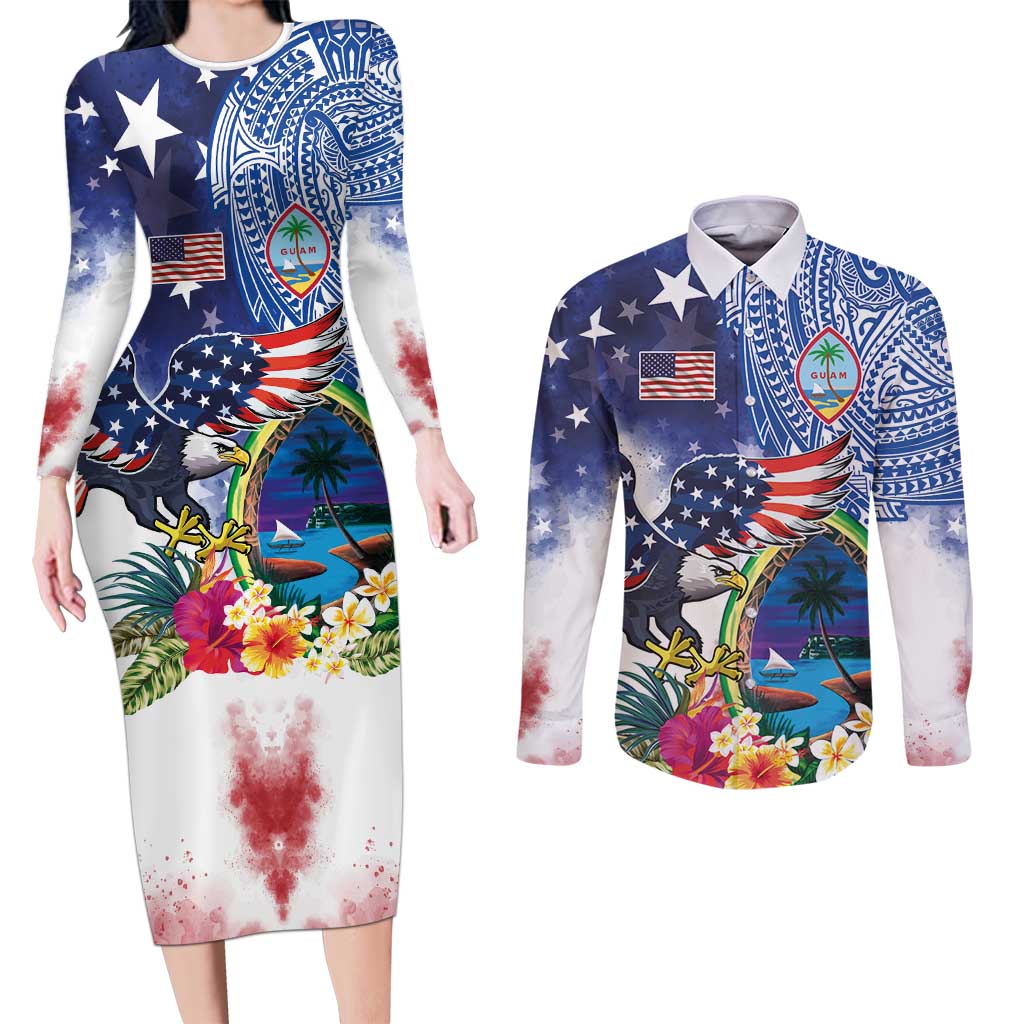 Guam and United States Together Couples Matching Long Sleeve Bodycon Dress and Long Sleeve Button Shirt Bald Eagle and Guam Seal with Flower and Tribal Tattoos - Wonder Print Shop