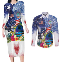 Guam and United States Together Couples Matching Long Sleeve Bodycon Dress and Long Sleeve Button Shirt Bald Eagle and Guam Seal with Flower and Tribal Tattoos - Wonder Print Shop