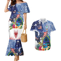 Guam and United States Together Couples Matching Mermaid Dress and Hawaiian Shirt Bald Eagle and Guam Seal with Flower and Tribal Tattoos - Wonder Print Shop