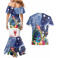 Guam and United States Together Couples Matching Mermaid Dress and Hawaiian Shirt Bald Eagle and Guam Seal with Flower and Tribal Tattoos - Wonder Print Shop