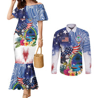 Guam and United States Together Couples Matching Mermaid Dress and Long Sleeve Button Shirt Bald Eagle and Guam Seal with Flower and Tribal Tattoos - Wonder Print Shop