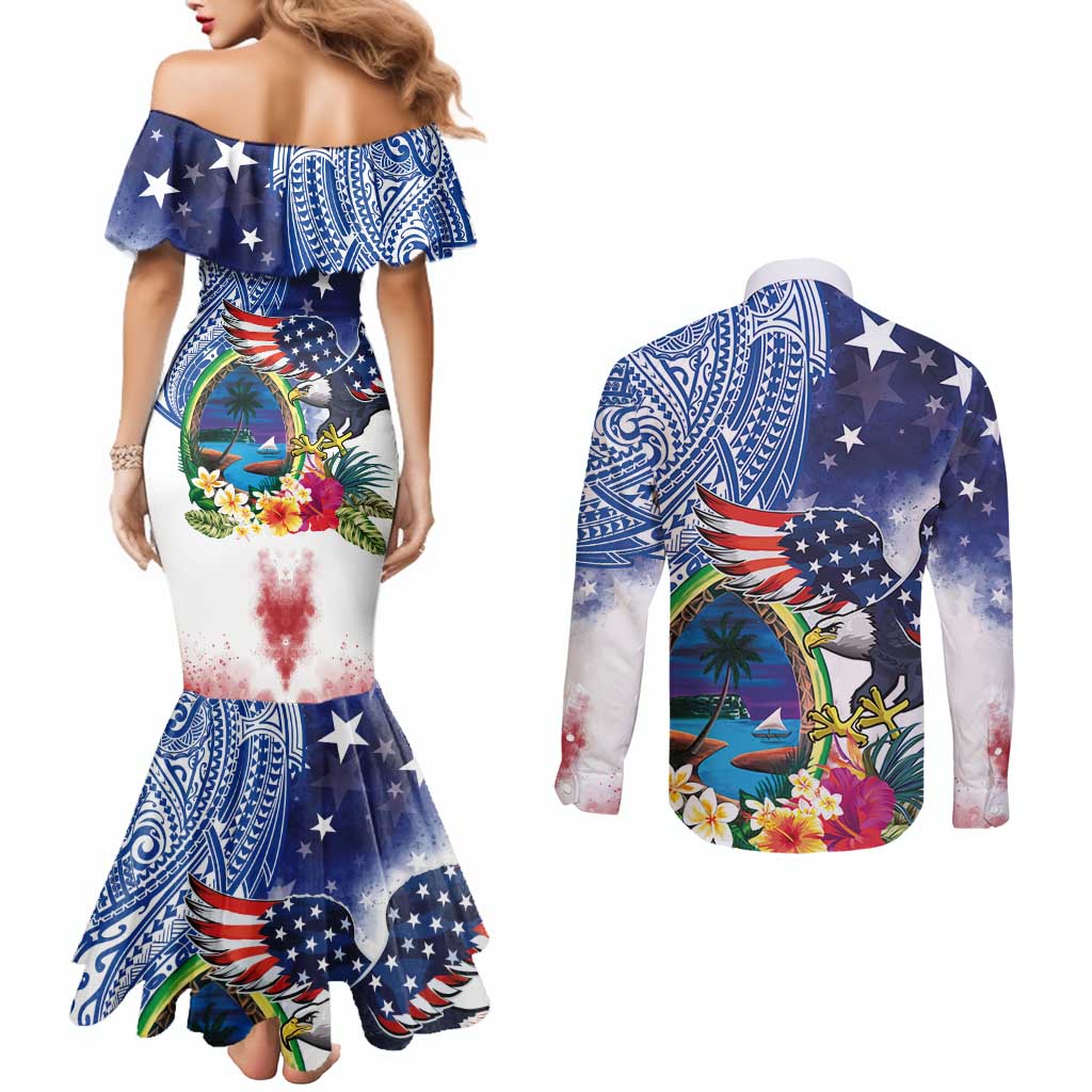 Guam and United States Together Couples Matching Mermaid Dress and Long Sleeve Button Shirt Bald Eagle and Guam Seal with Flower and Tribal Tattoos - Wonder Print Shop