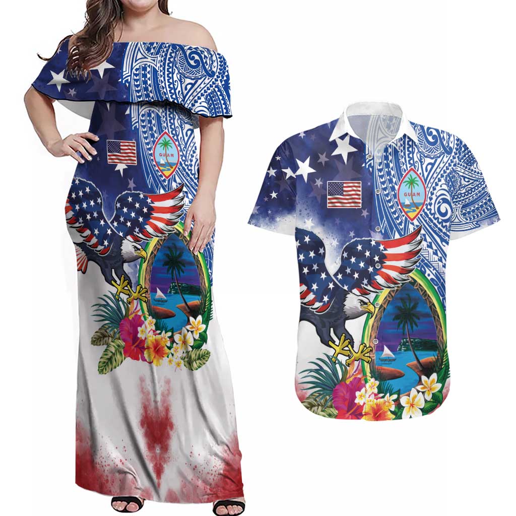 Guam and United States Together Couples Matching Off Shoulder Maxi Dress and Hawaiian Shirt Bald Eagle and Guam Seal with Flower and Tribal Tattoos - Wonder Print Shop