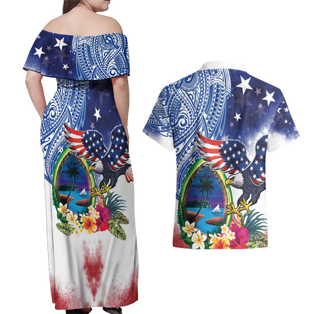 Guam and United States Together Couples Matching Off Shoulder Maxi Dress and Hawaiian Shirt Bald Eagle and Guam Seal with Flower and Tribal Tattoos - Wonder Print Shop