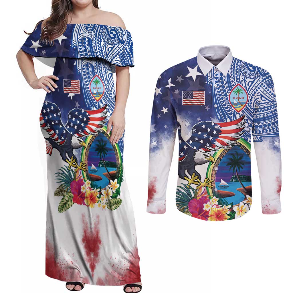 Guam and United States Together Couples Matching Off Shoulder Maxi Dress and Long Sleeve Button Shirt Bald Eagle and Guam Seal with Flower and Tribal Tattoos - Wonder Print Shop