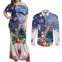 Guam and United States Together Couples Matching Off Shoulder Maxi Dress and Long Sleeve Button Shirt Bald Eagle and Guam Seal with Flower and Tribal Tattoos - Wonder Print Shop