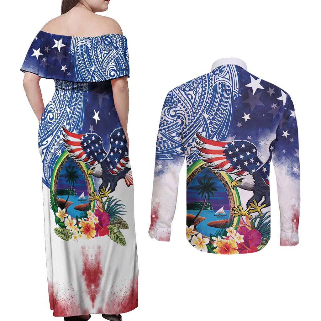 Guam and United States Together Couples Matching Off Shoulder Maxi Dress and Long Sleeve Button Shirt Bald Eagle and Guam Seal with Flower and Tribal Tattoos - Wonder Print Shop