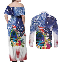 Guam and United States Together Couples Matching Off Shoulder Maxi Dress and Long Sleeve Button Shirt Bald Eagle and Guam Seal with Flower and Tribal Tattoos - Wonder Print Shop