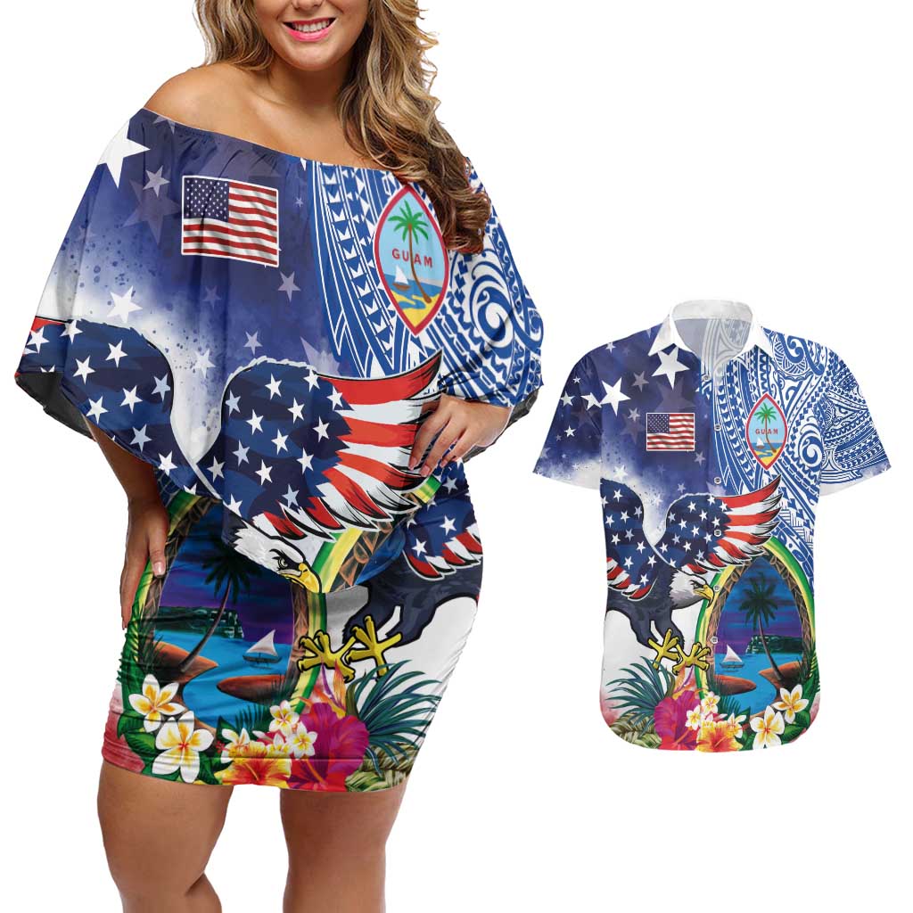 Guam and United States Together Couples Matching Off Shoulder Short Dress and Hawaiian Shirt Bald Eagle and Guam Seal with Flower and Tribal Tattoos - Wonder Print Shop