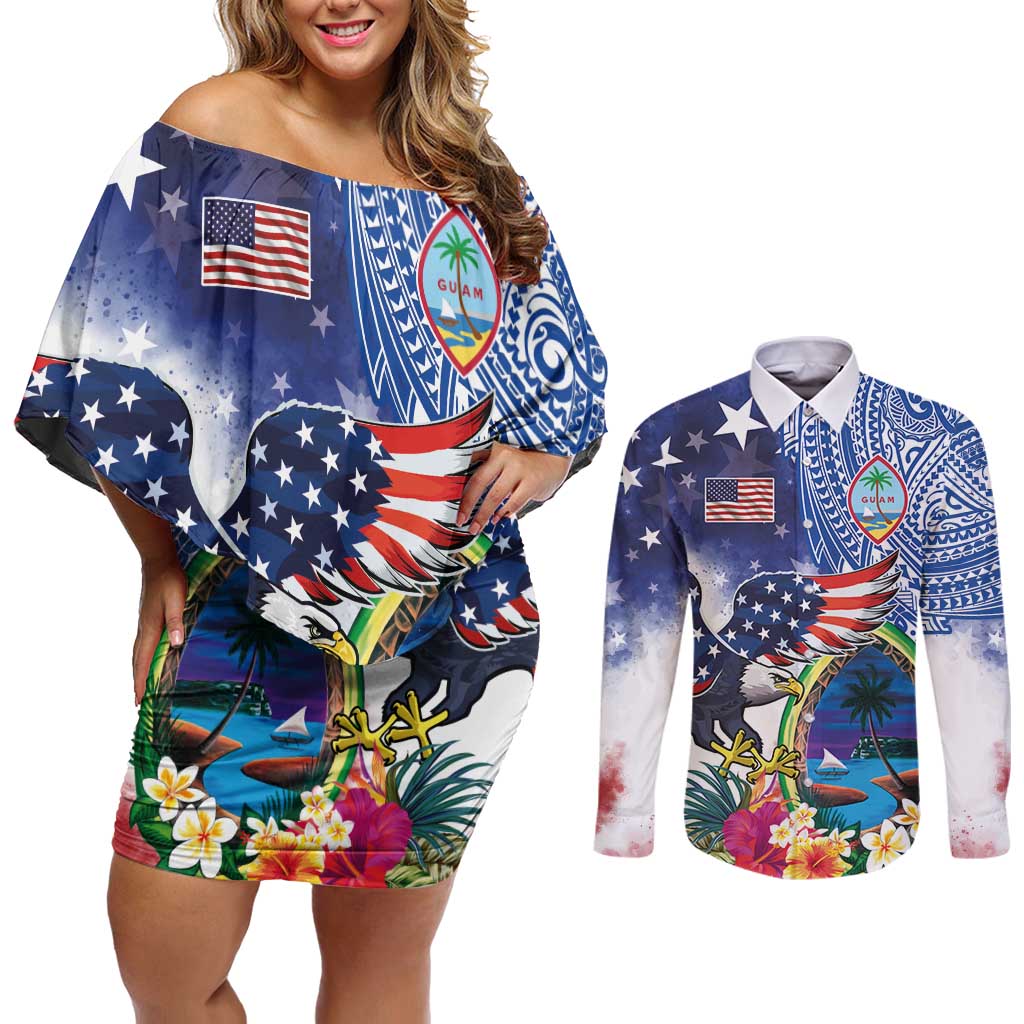 Guam and United States Together Couples Matching Off Shoulder Short Dress and Long Sleeve Button Shirt Bald Eagle and Guam Seal with Flower and Tribal Tattoos - Wonder Print Shop