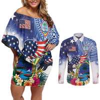 Guam and United States Together Couples Matching Off Shoulder Short Dress and Long Sleeve Button Shirt Bald Eagle and Guam Seal with Flower and Tribal Tattoos - Wonder Print Shop