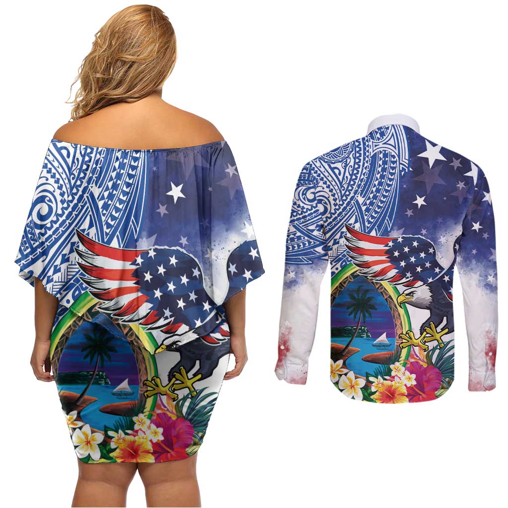 Guam and United States Together Couples Matching Off Shoulder Short Dress and Long Sleeve Button Shirt Bald Eagle and Guam Seal with Flower and Tribal Tattoos - Wonder Print Shop