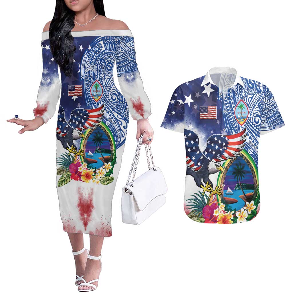 Guam and United States Together Couples Matching Off The Shoulder Long Sleeve Dress and Hawaiian Shirt Bald Eagle and Guam Seal with Flower and Tribal Tattoos - Wonder Print Shop