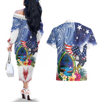 Guam and United States Together Couples Matching Off The Shoulder Long Sleeve Dress and Hawaiian Shirt Bald Eagle and Guam Seal with Flower and Tribal Tattoos - Wonder Print Shop