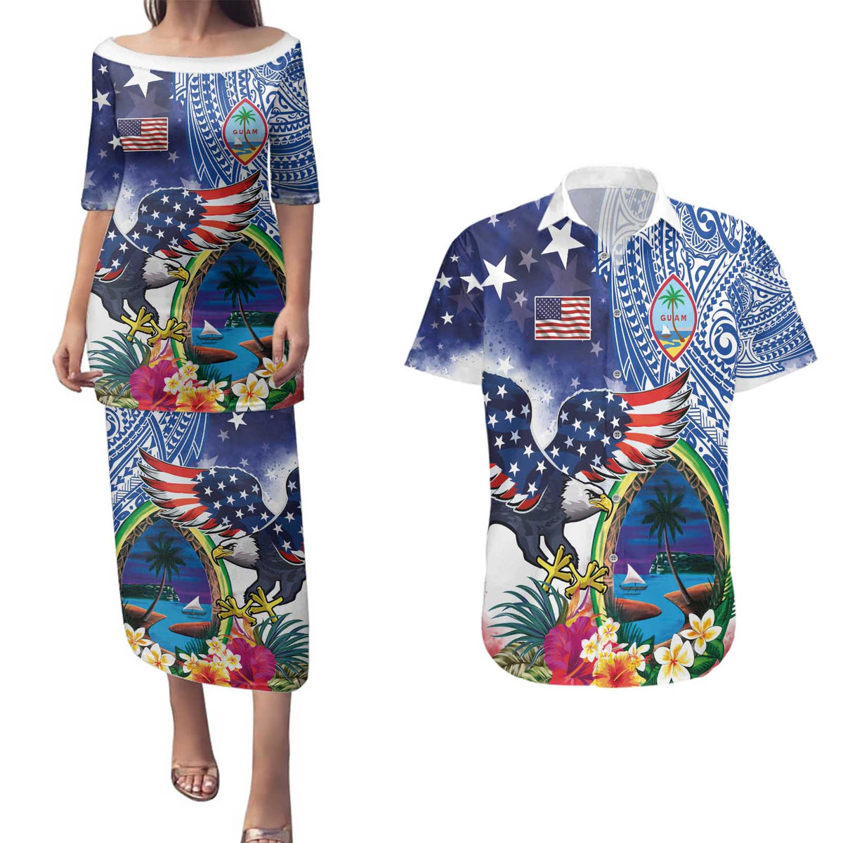 Guam and United States Together Couples Matching Puletasi and Hawaiian Shirt Bald Eagle and Guam Seal with Flower and Tribal Tattoos - Wonder Print Shop