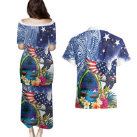 Guam and United States Together Couples Matching Puletasi and Hawaiian Shirt Bald Eagle and Guam Seal with Flower and Tribal Tattoos - Wonder Print Shop