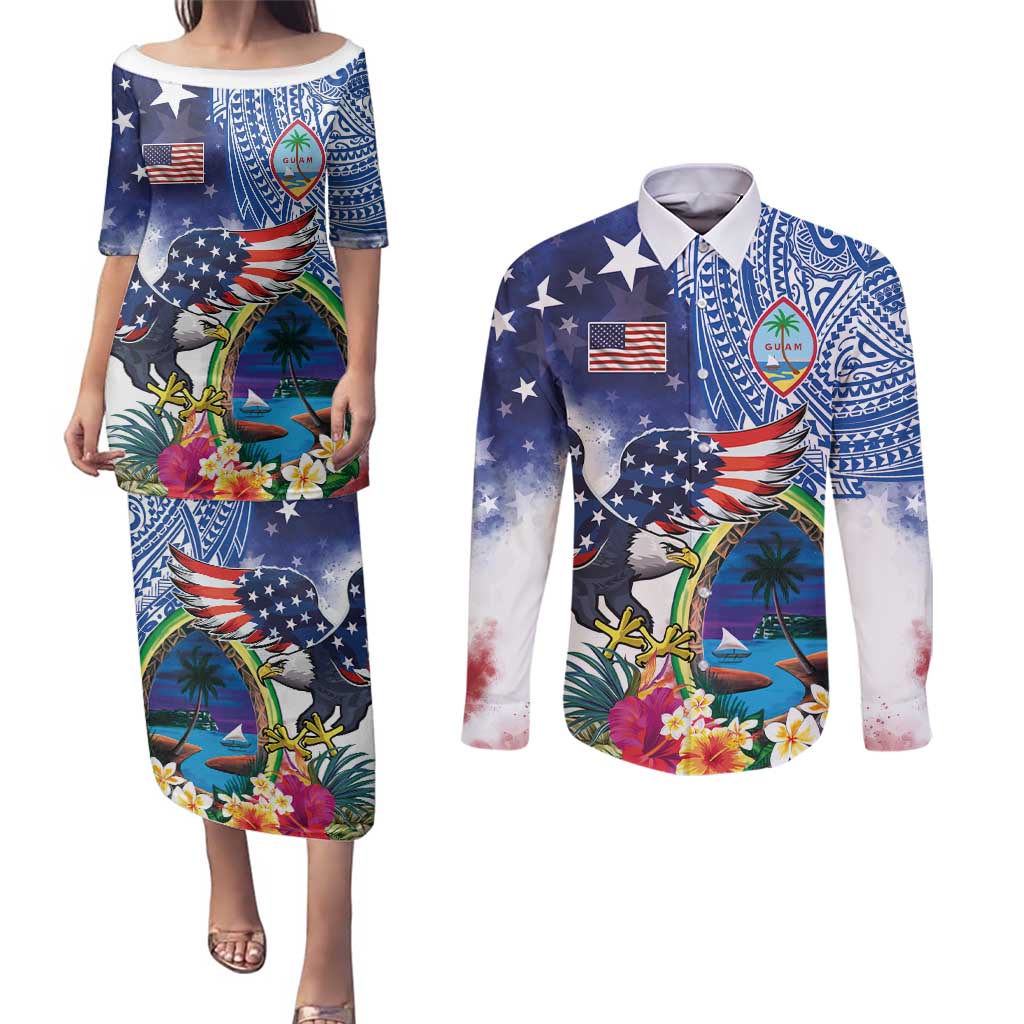 Guam and United States Together Couples Matching Puletasi and Long Sleeve Button Shirt Bald Eagle and Guam Seal with Flower and Tribal Tattoos - Wonder Print Shop