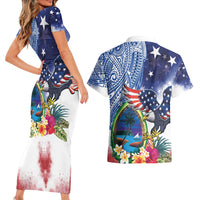 Guam and United States Together Couples Matching Short Sleeve Bodycon Dress and Hawaiian Shirt Bald Eagle and Guam Seal with Flower and Tribal Tattoos - Wonder Print Shop