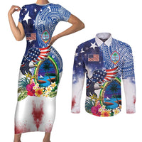 Guam and United States Together Couples Matching Short Sleeve Bodycon Dress and Long Sleeve Button Shirt Bald Eagle and Guam Seal with Flower and Tribal Tattoos - Wonder Print Shop