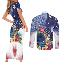 Guam and United States Together Couples Matching Short Sleeve Bodycon Dress and Long Sleeve Button Shirt Bald Eagle and Guam Seal with Flower and Tribal Tattoos - Wonder Print Shop