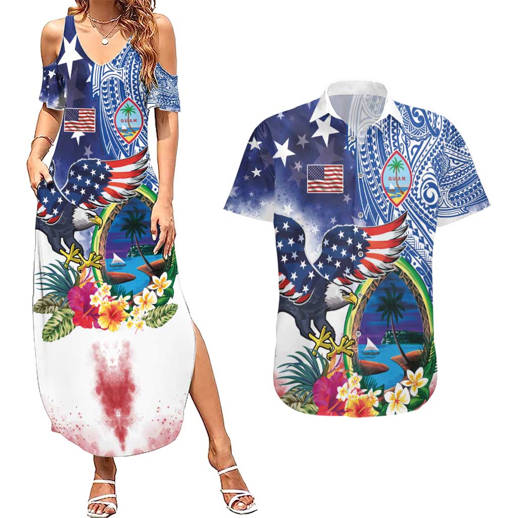 Guam and United States Together Couples Matching Summer Maxi Dress and Hawaiian Shirt Bald Eagle and Guam Seal with Flower and Tribal Tattoos - Wonder Print Shop