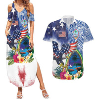 Guam and United States Together Couples Matching Summer Maxi Dress and Hawaiian Shirt Bald Eagle and Guam Seal with Flower and Tribal Tattoos - Wonder Print Shop